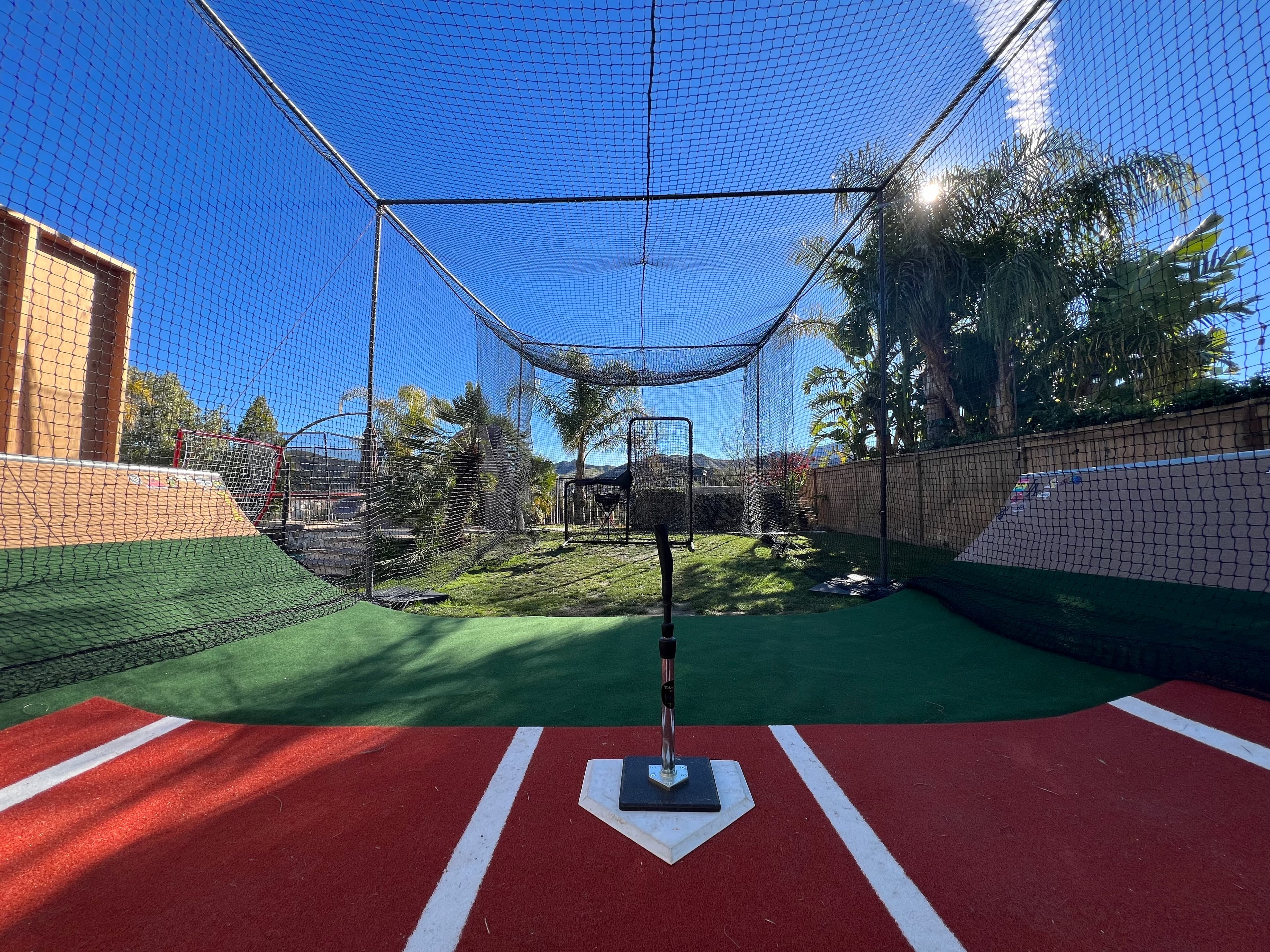 A fully turfed backyard batting cage with a red and green turf home plate area under palm trees in Canyon Country, California