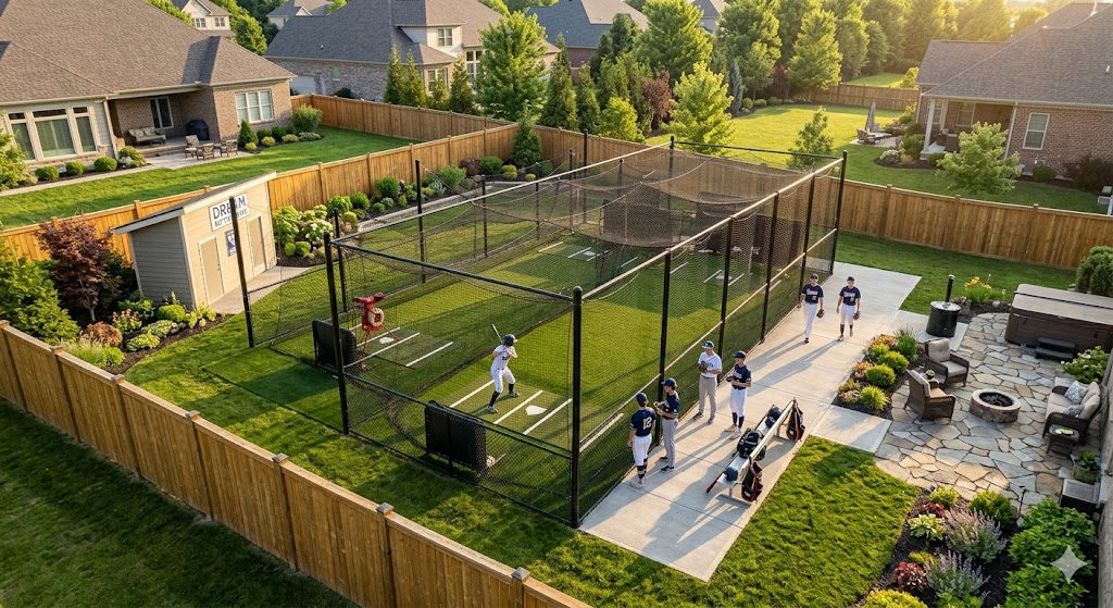 Aerial view of a professional batting cage training facility