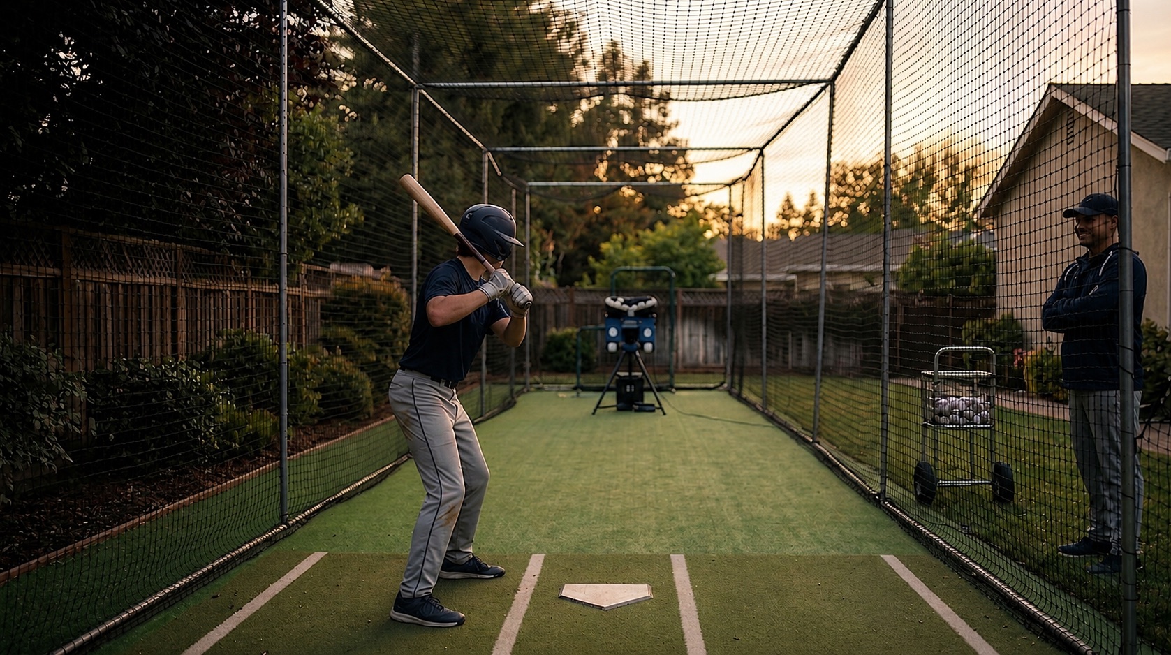 Team practicing in a batting cage facility
