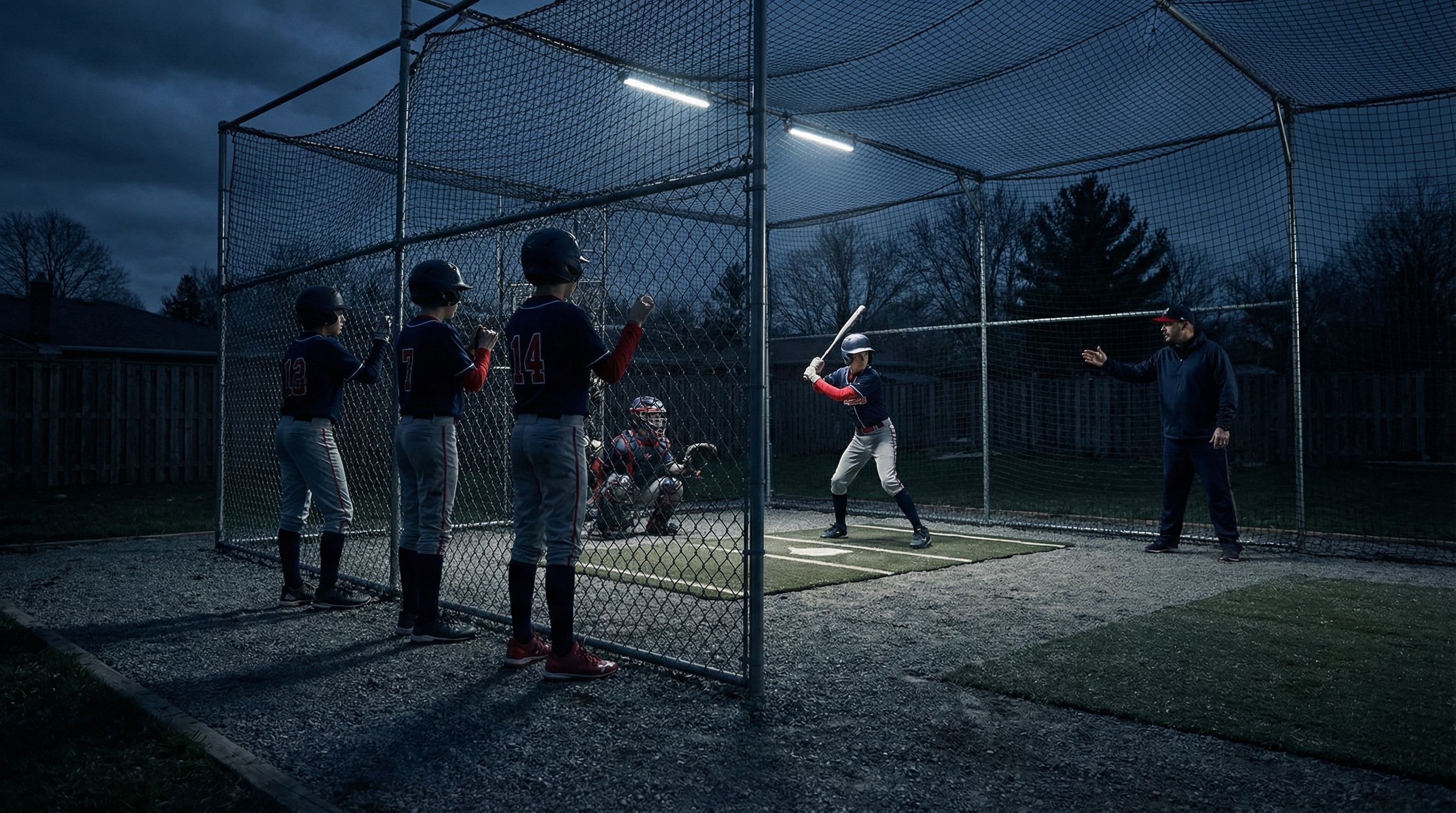 Team practicing in a batting cage facility